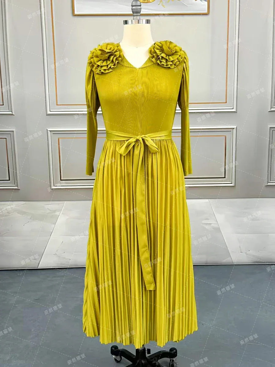 Elegant And Beautiful Dresses For Women Luxury Formal Evening Prom Gown Miyake Fashion Female Long Sleeve Dress Pleated Clothing - Golden Bridge Store