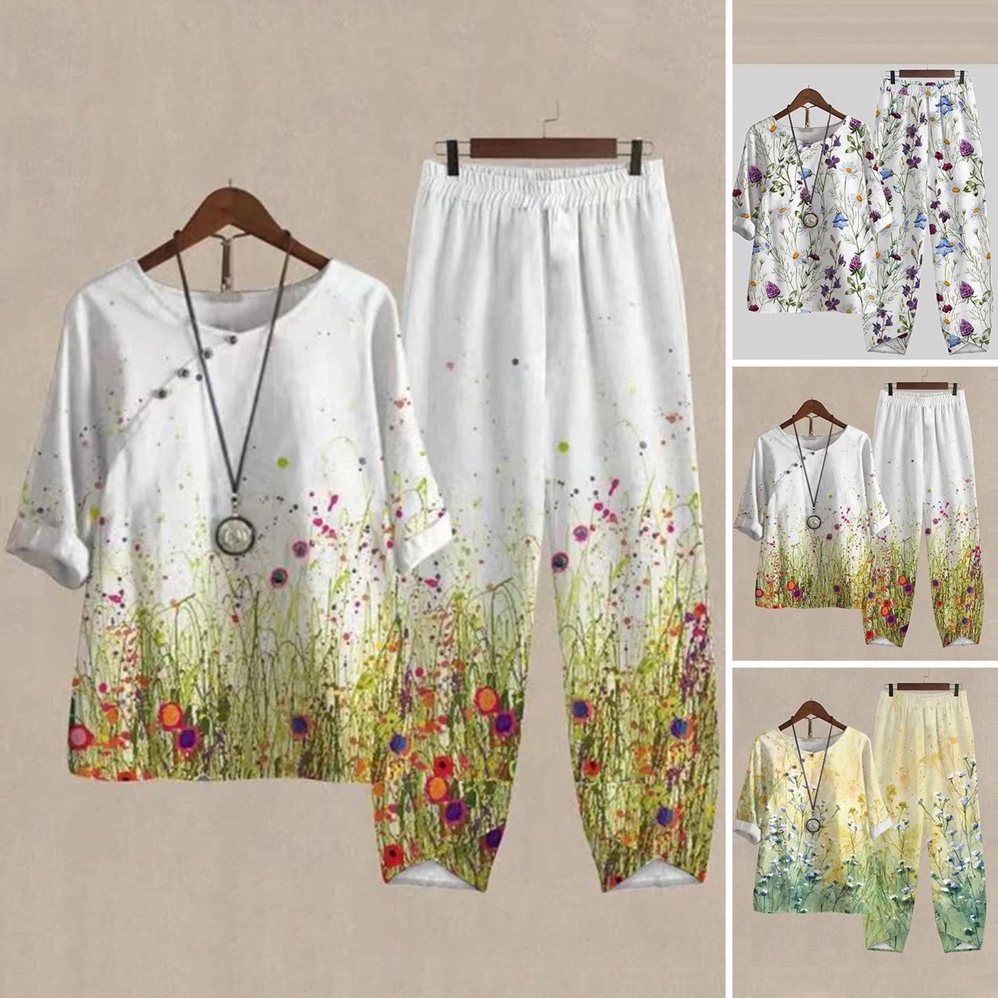 Elegant  Women Outfit Breathable Flower Pattern Blouse Trousers Half Sleeves Soft Blouse Pants Spring Clothes