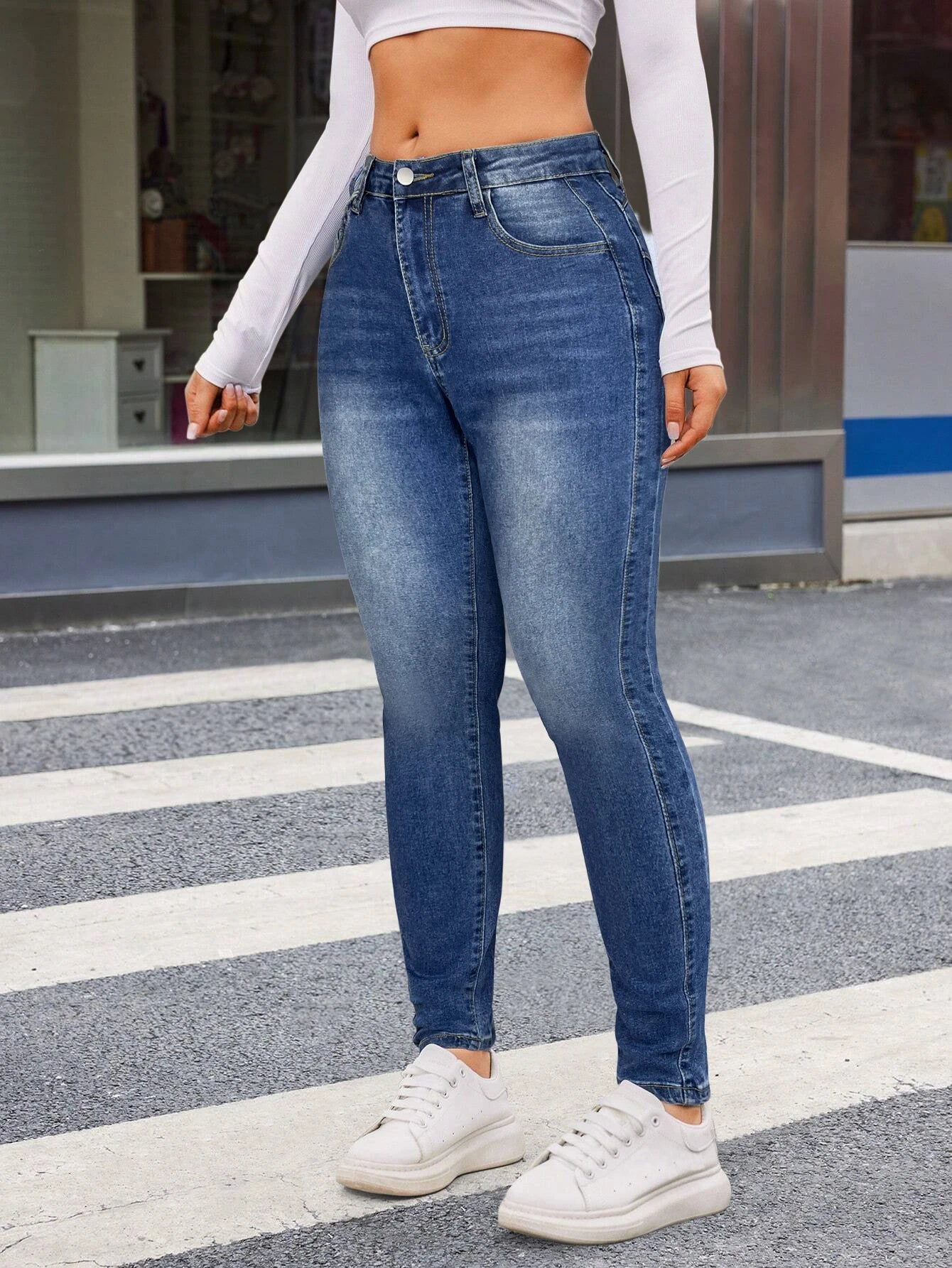 Washed blue skinny jeans, slim cut, elastic comfort fabric, daily commute wear, women's jeans and clothing