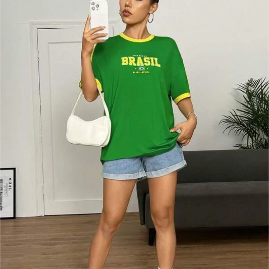ZSSKASLCN Damen T Shirt Brasil Print - Grün Gelb Slim