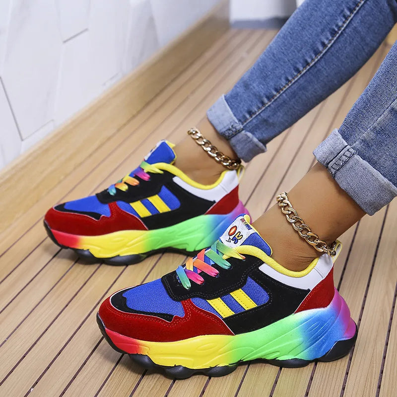 Damen Tennis Sneakers Casual Running Schuhe Rainbow Vulkanisierte Schuhe Schnürung Platform Schuhe Komfortabel