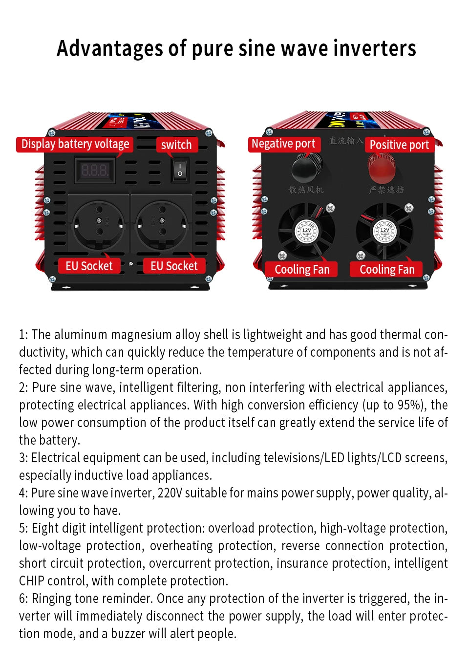 Inverter Pure Sine Wave Power Inverter 10000W DC 12V to AC 220V/230V Converter LED Display and EU Socket