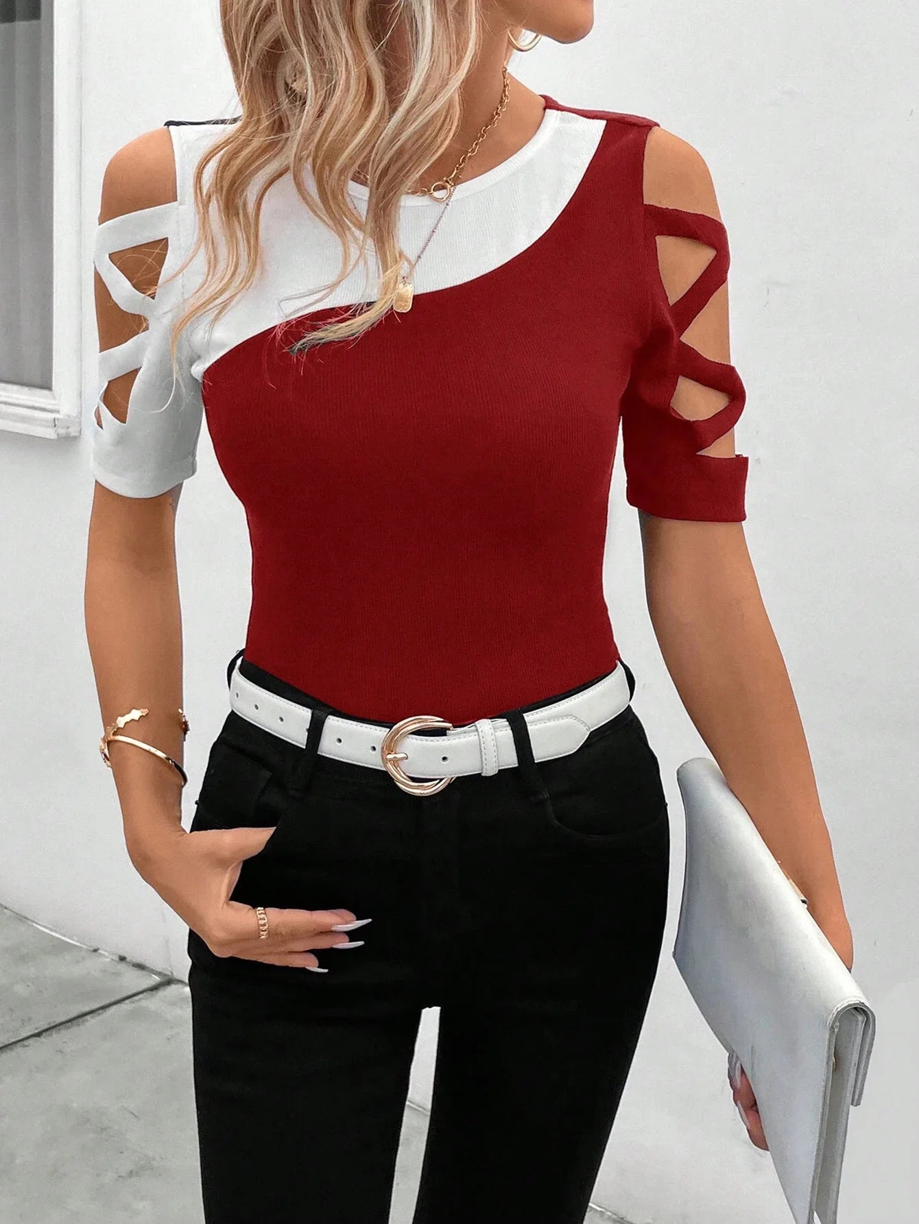Women's T-shirt Slim Color Block Office Fashion Street Top Hollow Short Sleeve Tight Tees for Women