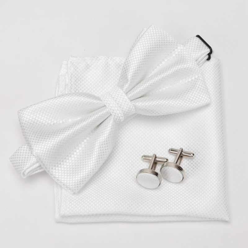 Men Bowtie Set 3pcs Plaids Classic Fashion Wedding Party Formal Cufflinks Bow Tie Handkerchief Cuff Links Lots Three Piece Set