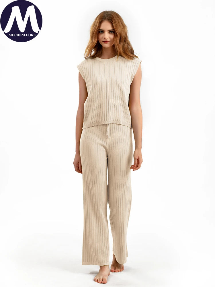 Elegant 2-Piece Sets for Women, Casual Knitting, Sleeveless, O Neck Tops, Loose Lace Up, Wide Leg Pant Set, Summer Fashion, New