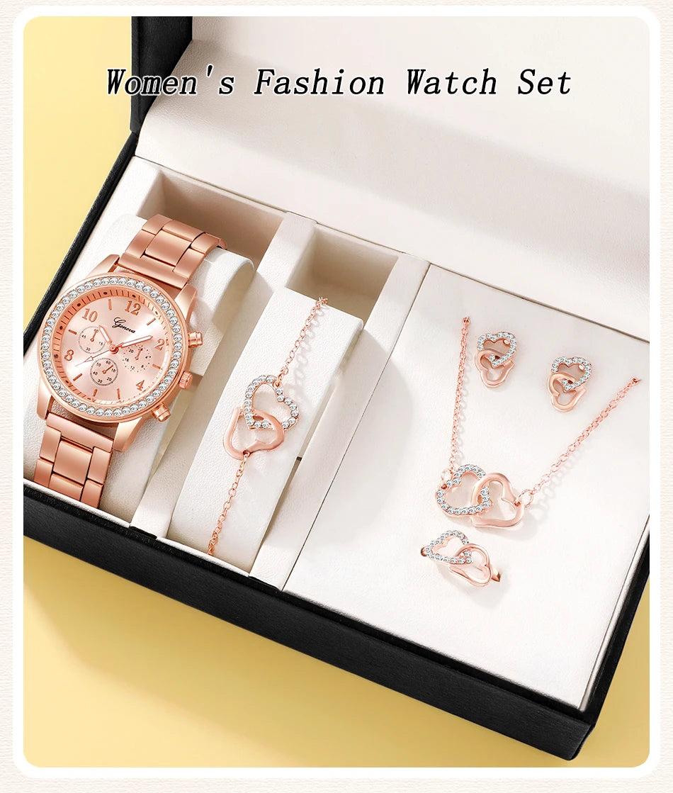 RoséLuxe 6er Set Roségold Schmuckuhr- Strass 38mm Edelstahl