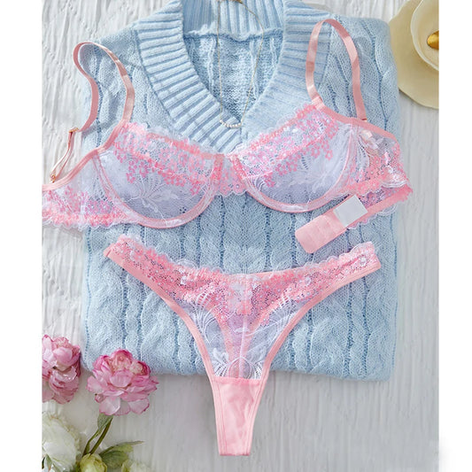Lenjerie intimă Fairy roz dulce, sutien și chiloți, lenjerie intimă elegantă din dantelă florală, 2 piese, sutien push-up, ultra subțire, lenjerie intimă feminină