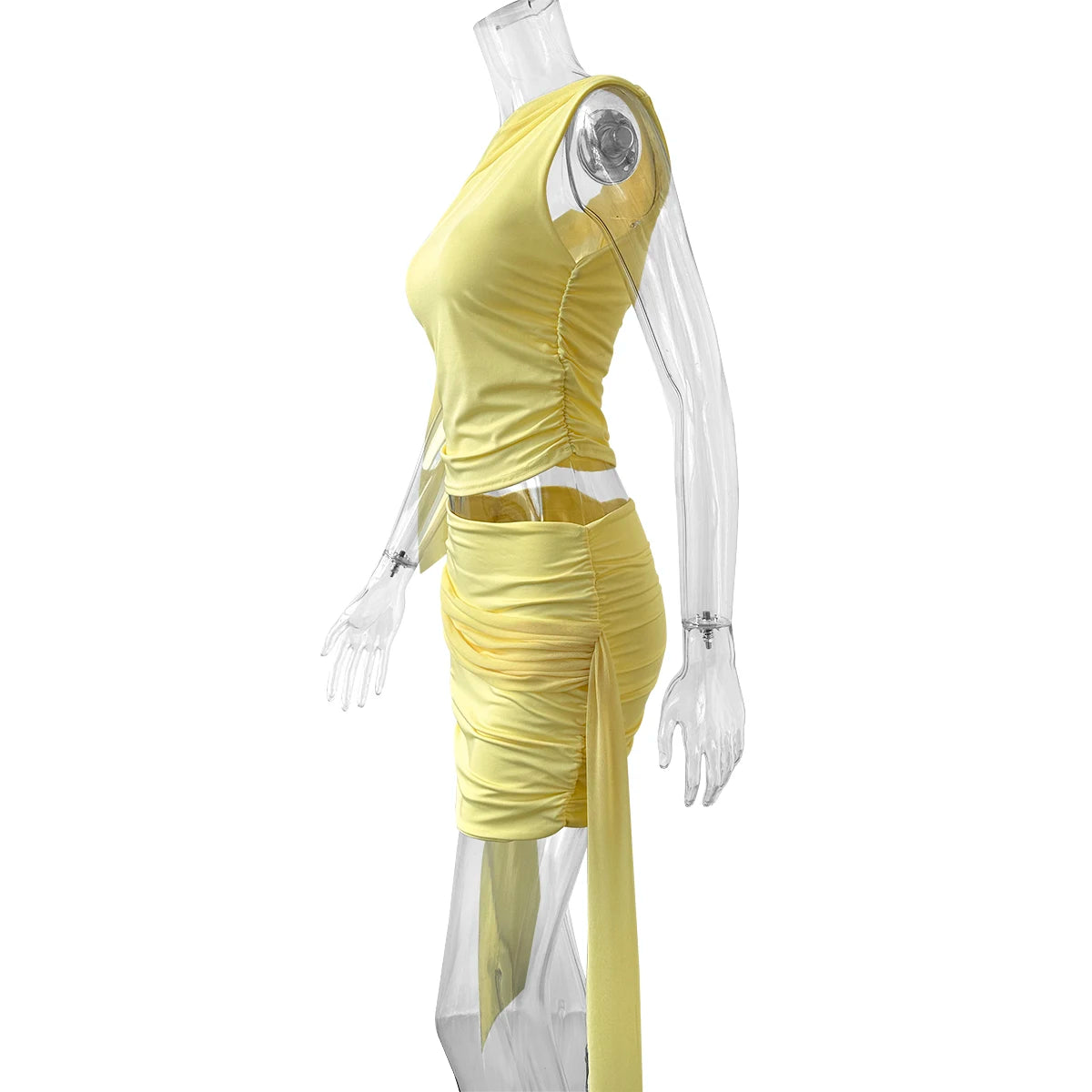 Women's Elegant Temperament Pleated Top and Short Skirt Set, Solid Color Net Sand Diagonal Shoulder Strap, Summer Beach Ou, New