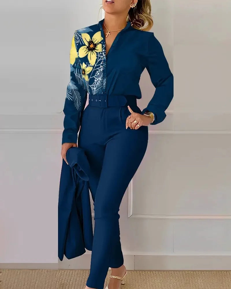 Femei elegante cămașă două piese set costume toamna nouă modă imprimare mânecă lungă top pantaloni negri set cu curea bluze îmbrăcăminte feminină