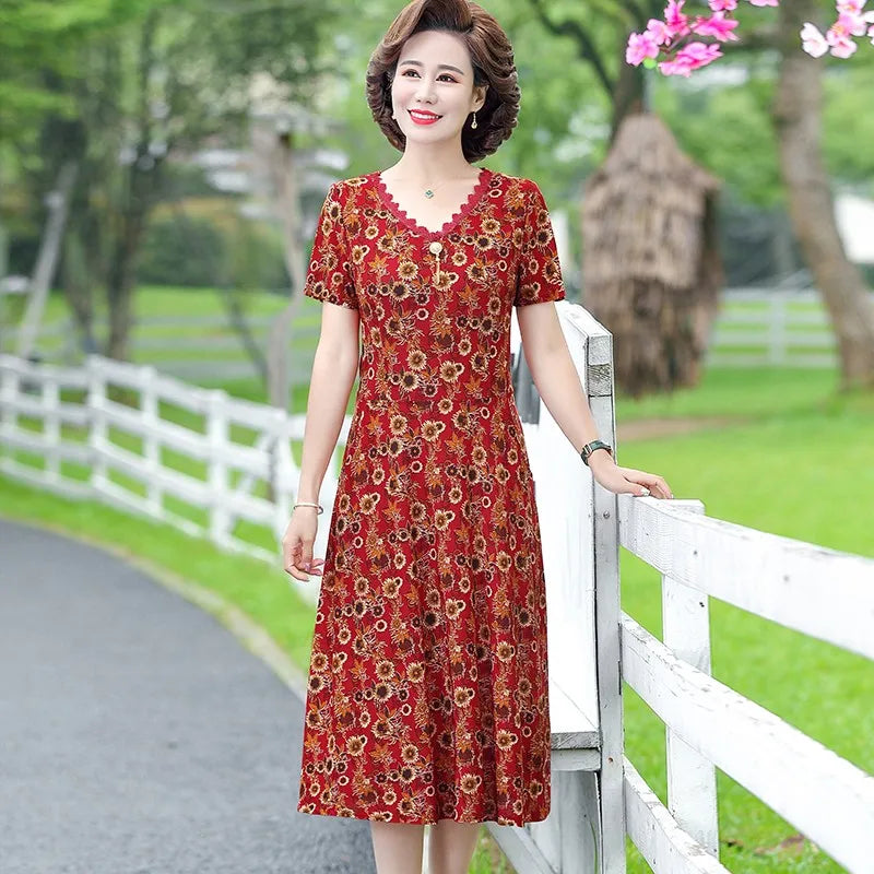 Elegant Women Dress Elegant Casual V-Neck Print Vintage Ladies Mid-Calf High Waist Summer Bohemian Dresses