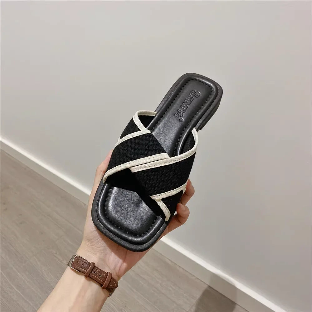 House Slides Home Low Heel Sandals Shoes for Women Black on Beach Open Toe Indoor Outside Word Flat Woman Slippers Vip W F Offer