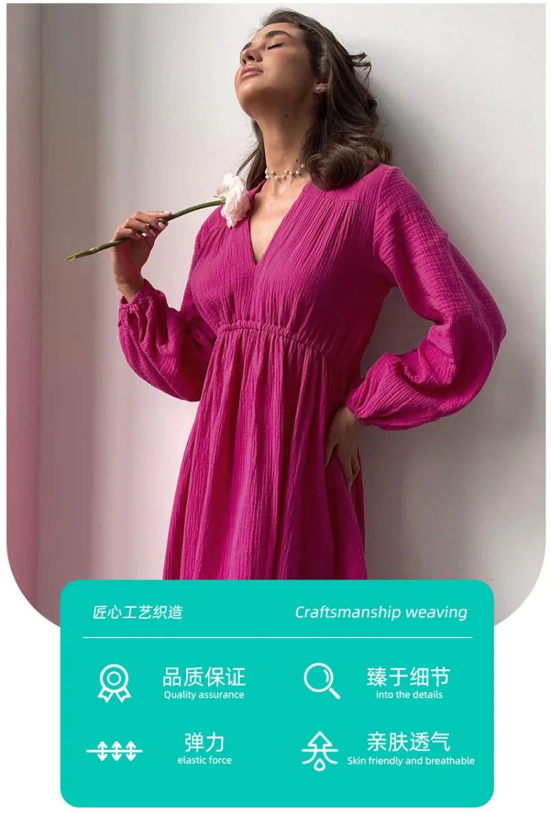 Elegant Dresses For Women 100% Cotton Muslin Long Sleeve V-neck Casual Party Holiday Beach White Black Robes Vestidos de Mujer