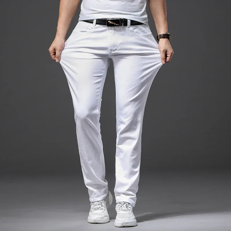 Four Seasons Men's White Jeans Fashion Casual Classic Style Slim Trousers Comfortable Soft Male Trendy Brand Stretch Pants