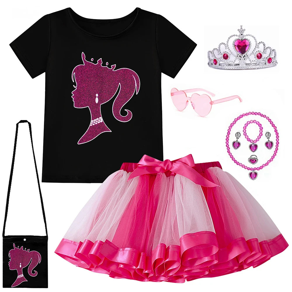 Toddler Girls Mesh Princess Skirt Set Movie Barbi T-shirt + Tutu Skirt 2Piece Suit for 4-10Yrs Girls Kid Clothing Birthday Party