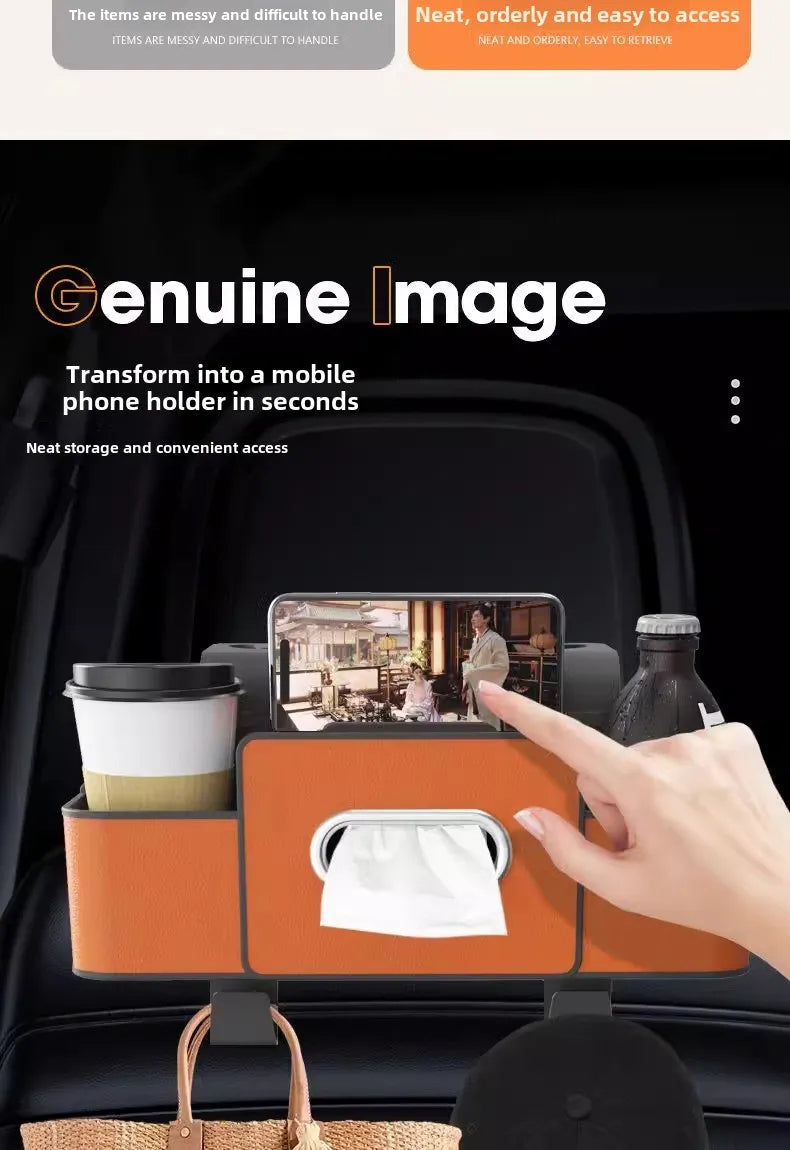 Scaun auto spate banchetă piele multifuncțională cutie de depozitare cutie de șervețele auto geantă de depozitare suport pentru pahare de apă cu cârlig cutie de depozitare