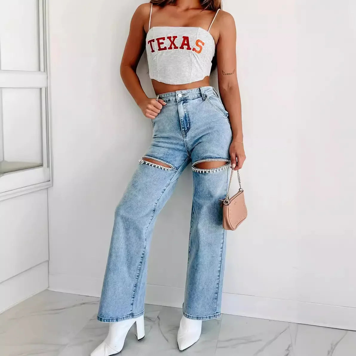 Blugi de damă 2025: Stil rupt cu lanț spălat - Colecție casual cu picior larg