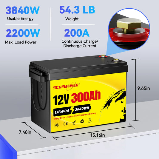 12V 300Ah LiFePO4 Batterie - Lithium-Eisenphosphat-Batterie mit 200A BMS für RV, Camper, Golfwagen, Off-Road und Off-Grid Anwendungen