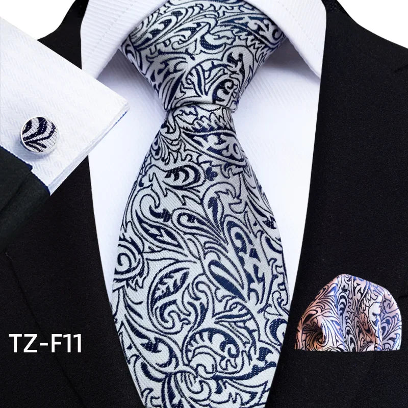 Luxury Mens Ties Floral Black Gold Ties Paisley Grid NeckTie Pocket Square Cufflinks Set Men's Wedding Party Tie
