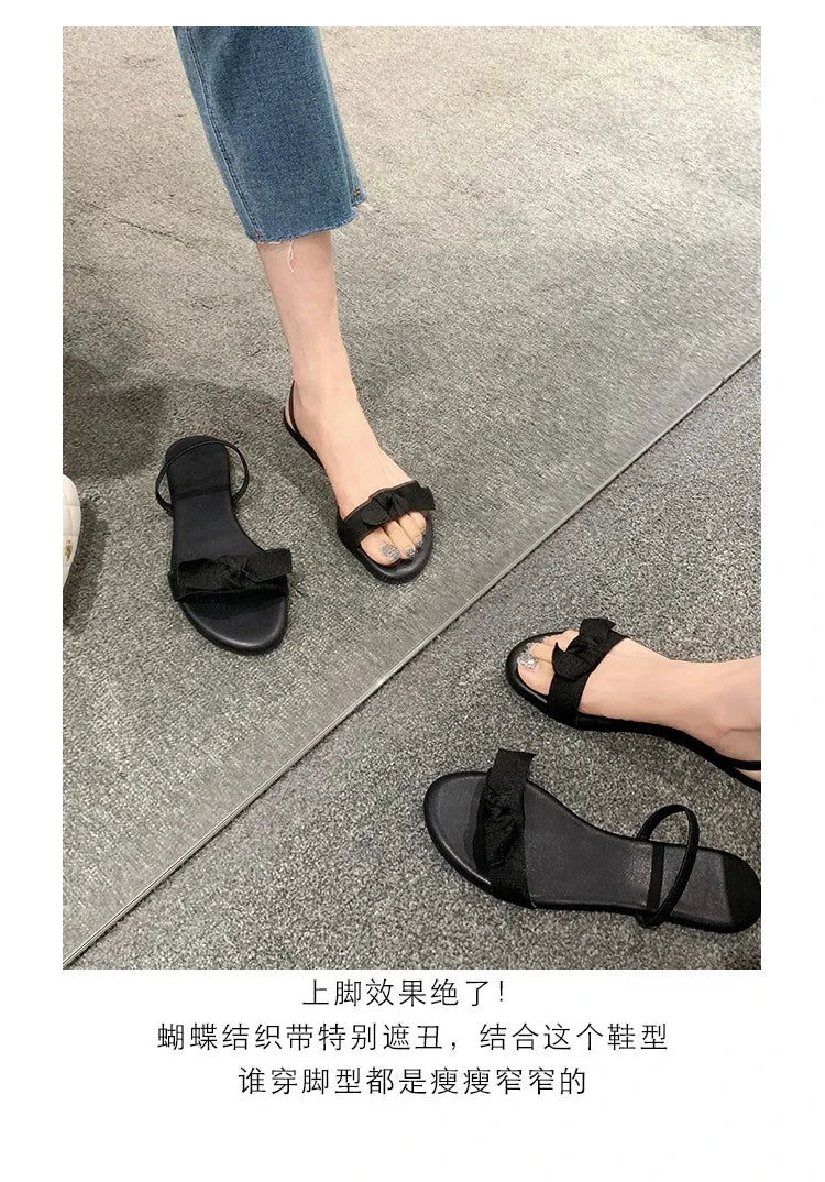 Flat Bottomed Slippers for Women Summer Bow Shaped Slimming Straight Strap Flat Sandals Women's Open Toed French Slippers Womens
