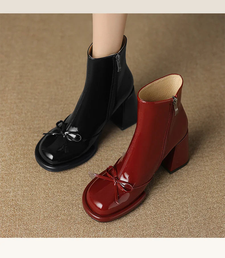 Elegant High Heels Women Ankle Boots Bow Sweet Shoes Winter New 2025 Trend Chunky Pu Leather Party Dress Snow Boots Pumps Mujer