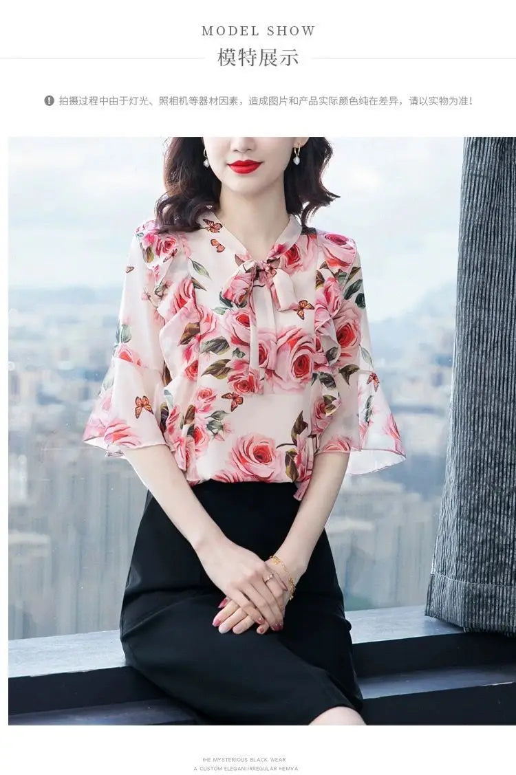 Elegant Fashion Floral Printed Bow Drawstring Chiffon Shirt Summer 2023 V-Neck Three Quarter Sleeve Slim Blouse Women's Clothing