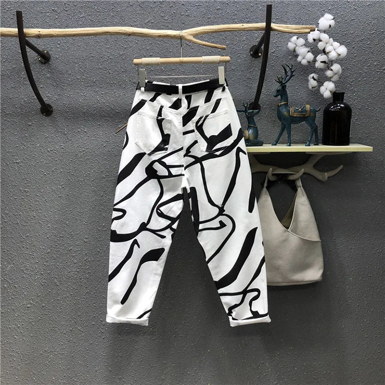 Damen Jeans 2025 - Streetwear Fashion Graffiti Print High Waist Washed Loose Straight