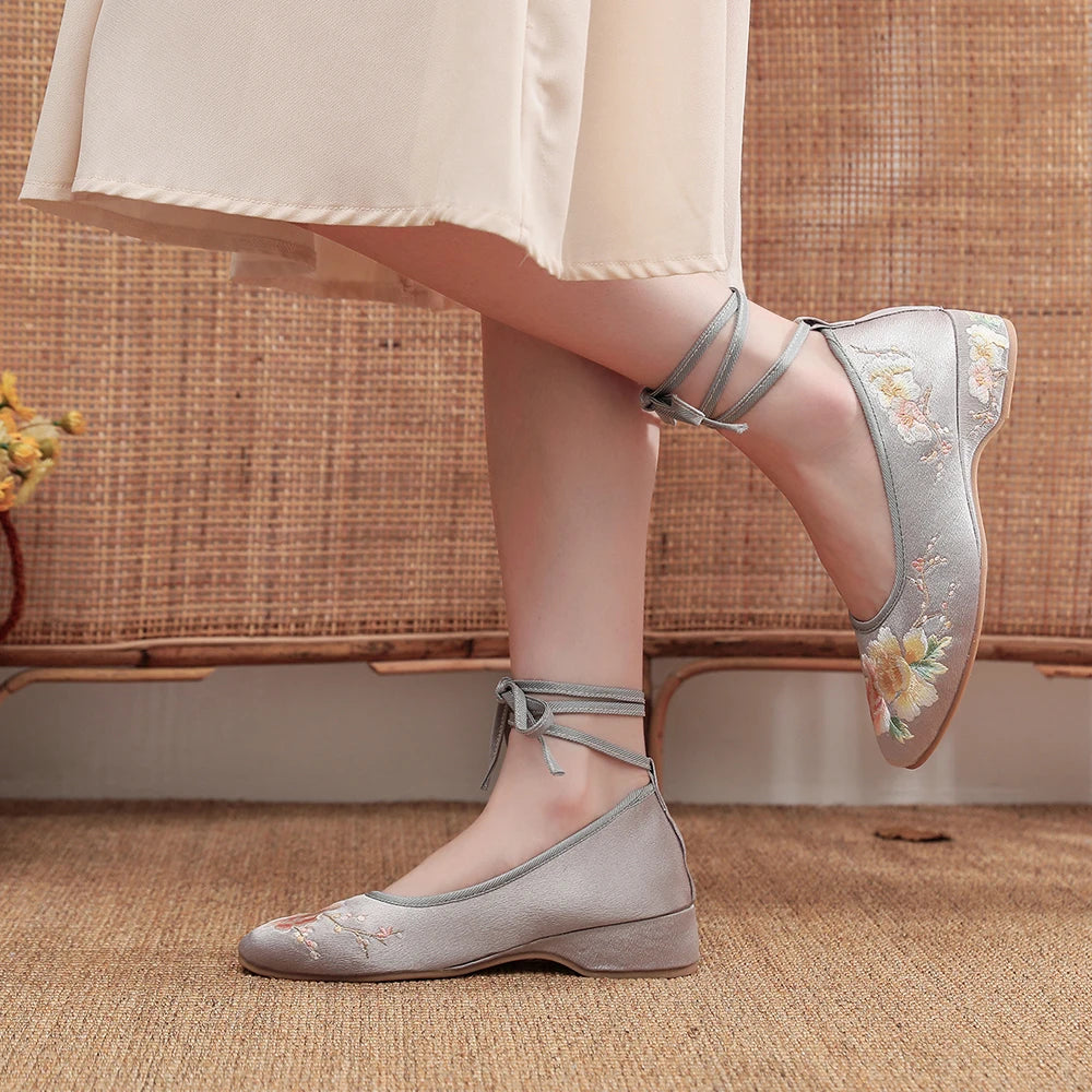 Ballerinas 2025: Veowalk Long Ankle Strap Summer Women Gauze Mesh - Embroidered Ballet Flats Breathable Comfortable Walking Shoes Elegant Lady Collection