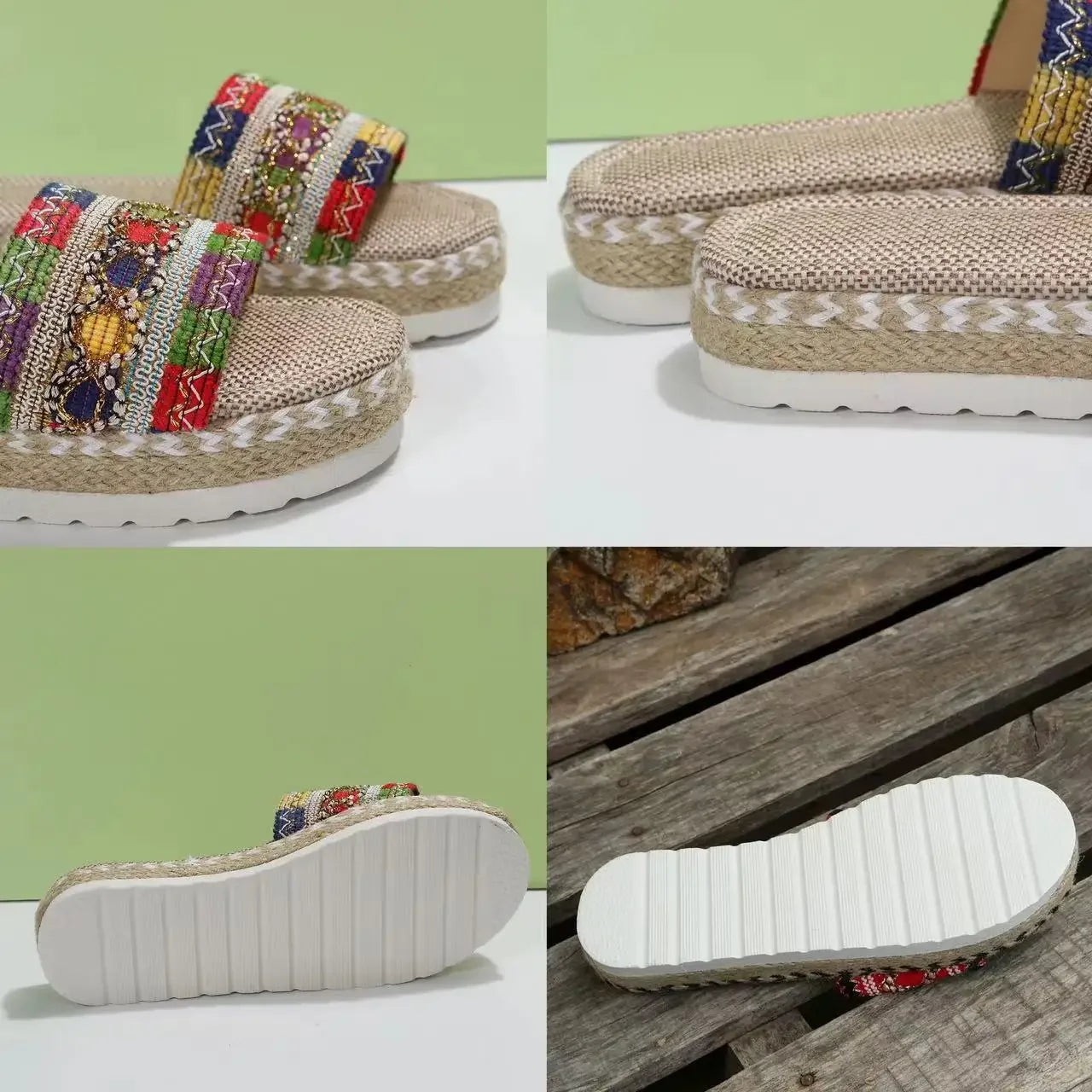 Gewebte Damen Pantoletten Platform - Sommer Schuhe für Damen 2025 Neu - Strand Casual Absatz Sandalen Bohemian Handgemacht Espadrilles