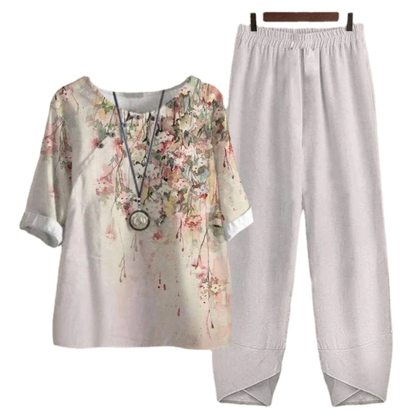 Elegant  Women Outfit Breathable Flower Pattern Blouse Trousers Half Sleeves Soft Blouse Pants Spring Clothes