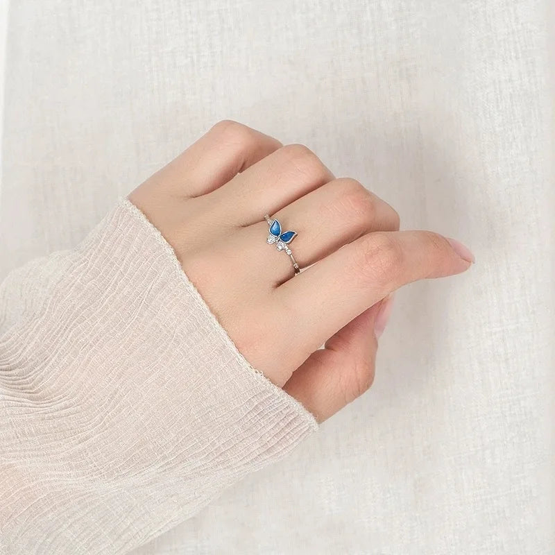 GaaBou Schmuck Schmetterling Ring - 925 Silber Blau Zirkon
