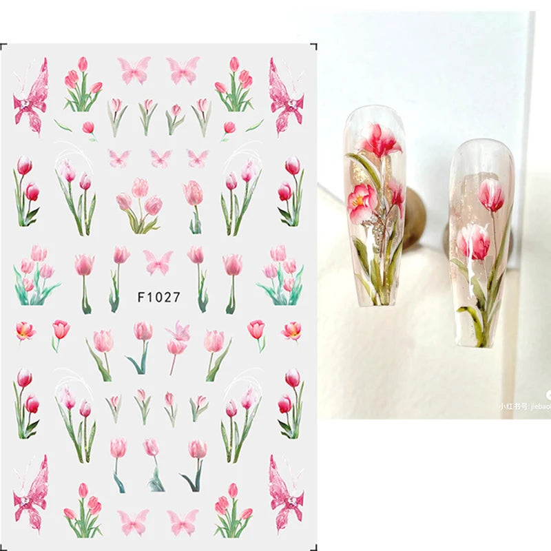 New Spring Fresh Flowers Butterfly 3D Nail Stickers Colorful Laser Butterflies Geometric Pattern Stickers Nail Decoration 1PCS