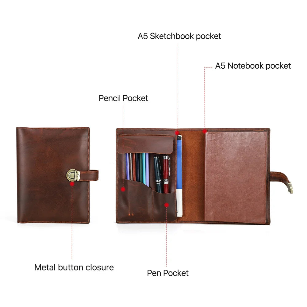 Luxury Retro Genuine Leather Notebook A5 Cover Case with Pen Holder Metal Buckle Journal Office Diary Travel Handmade Sketchbook