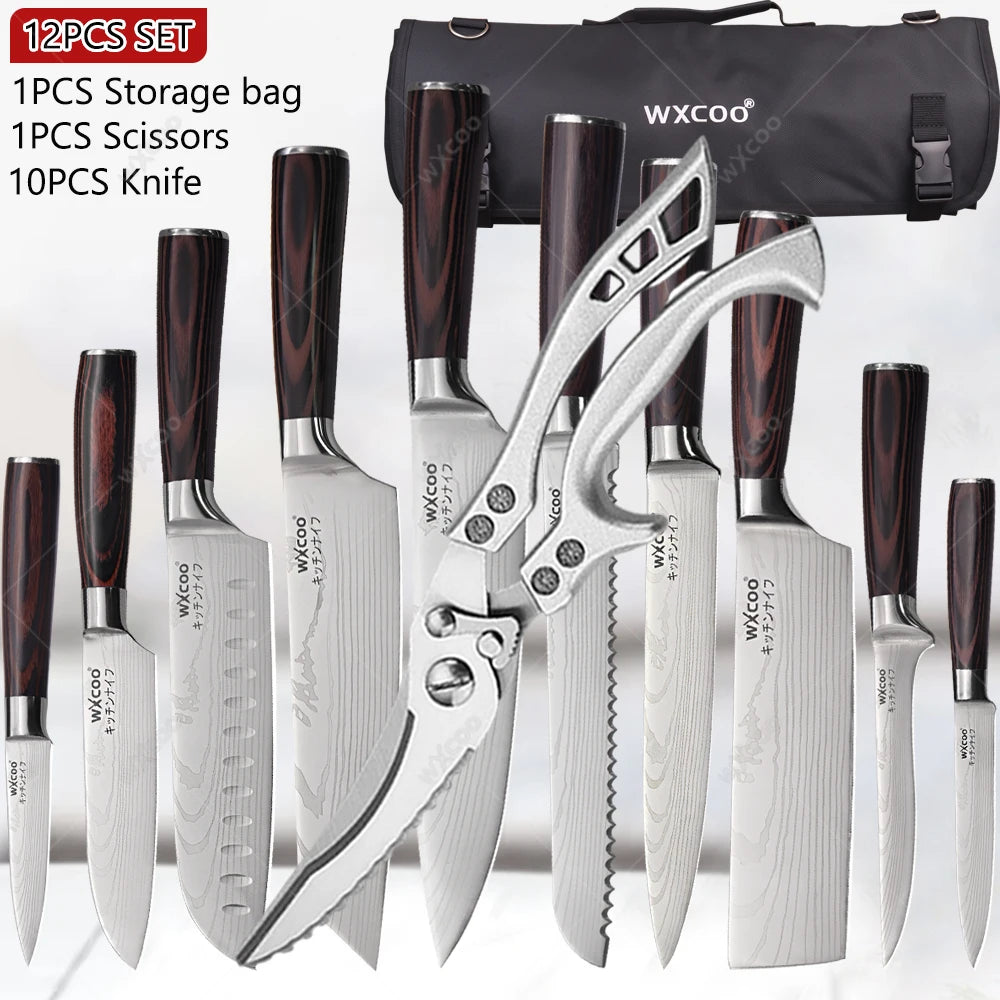 WXCOO Professional Kitchen Chef Knife Damascus Steel Laser Pattern Santoku Knife Double Side Magnetic Kitchen Knife Block