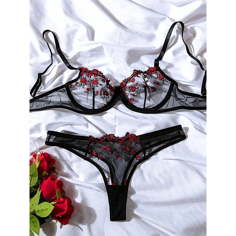 Fashion Embroidery Underwear Transparent Lingerie elegant Floral Lace Short Skin Care Kits Delicate Fairy Set Woman 2 Pieces