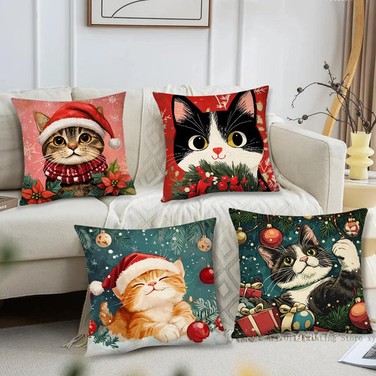 Christmas Cat Pillow Case Fashion Square Pillowcase Bedroom Sofa Room Ins Decoration Leisure Cushion Cover 40x40
