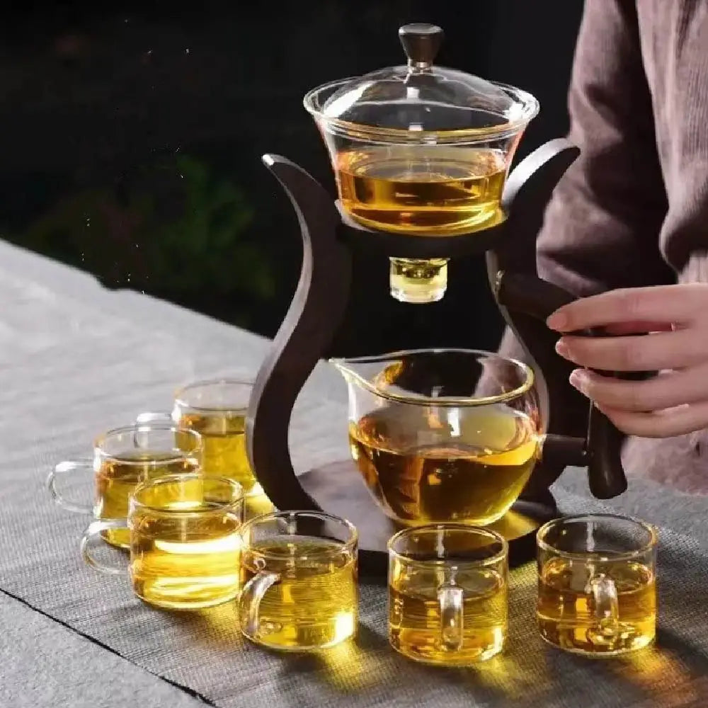 Tea Pot Glass Kettle Automatic Teapot with Strainer Magnetic Infuser Wood Holder Heat Resistant Coffee Pot Bowl Cups Set Jug 주전자