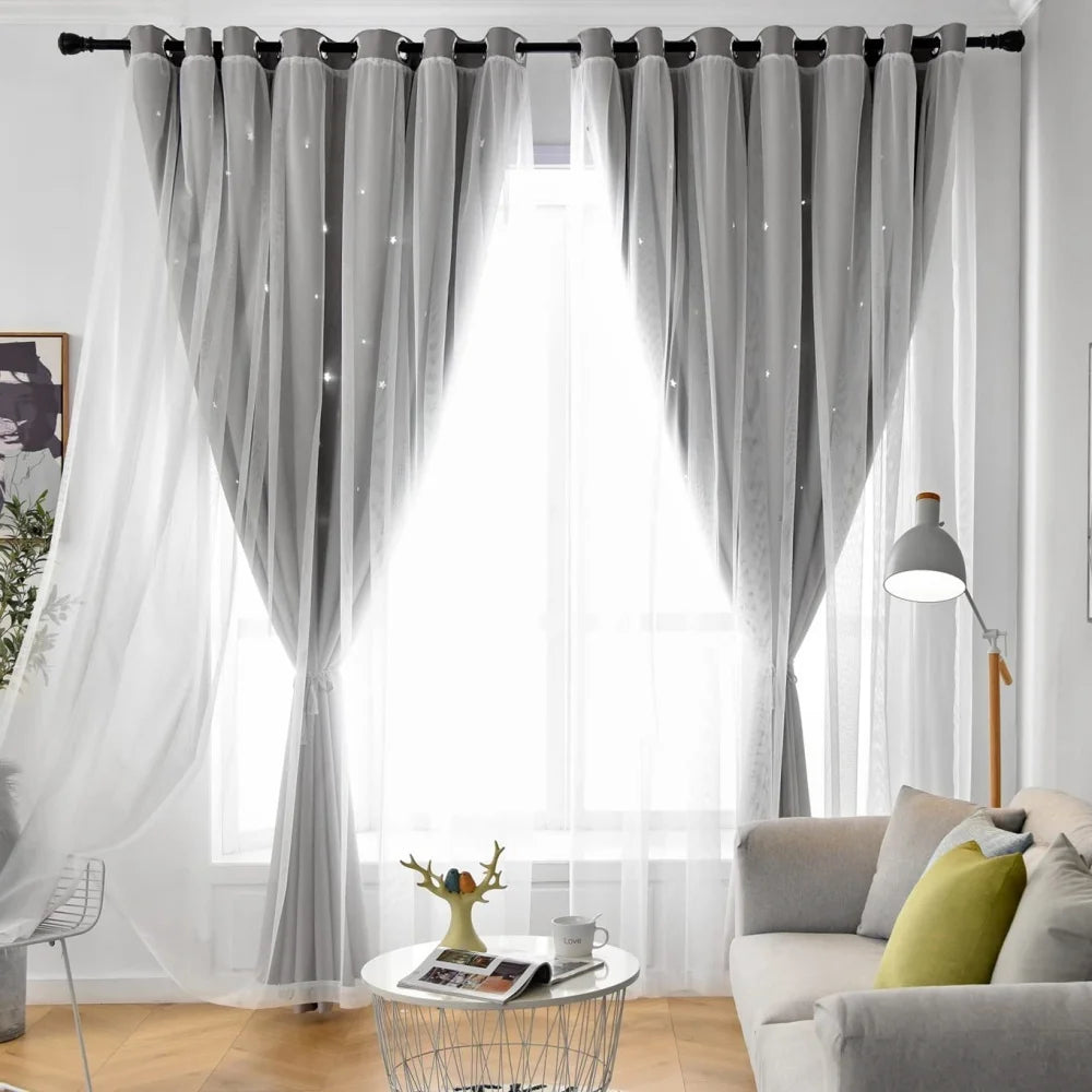 Blackout Curtains for Bedroom Double Layer Star Cutout Cute Curtain Grommet Top Window Curtain Panel for Living Room and Nursery