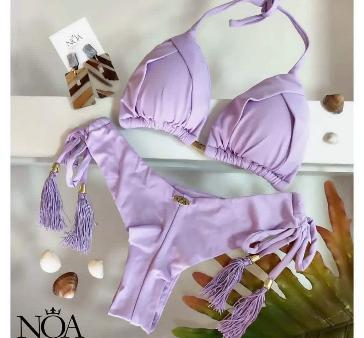 Set bikini pentru femei 2025 - costum de baie triunghiular cu halter brazilian, push-up, lanț metalic