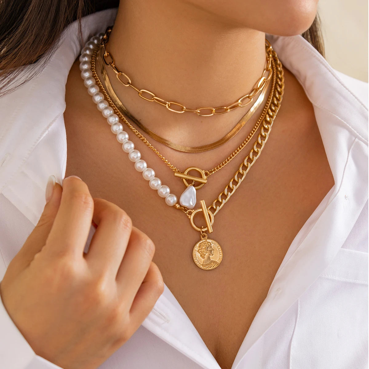 IngeSight.Z Fashion Exquisite Baroque Imitation Pearl Pendant Women's Necklace Multilayer Link Flat Snake Chain Choker Jewelry
