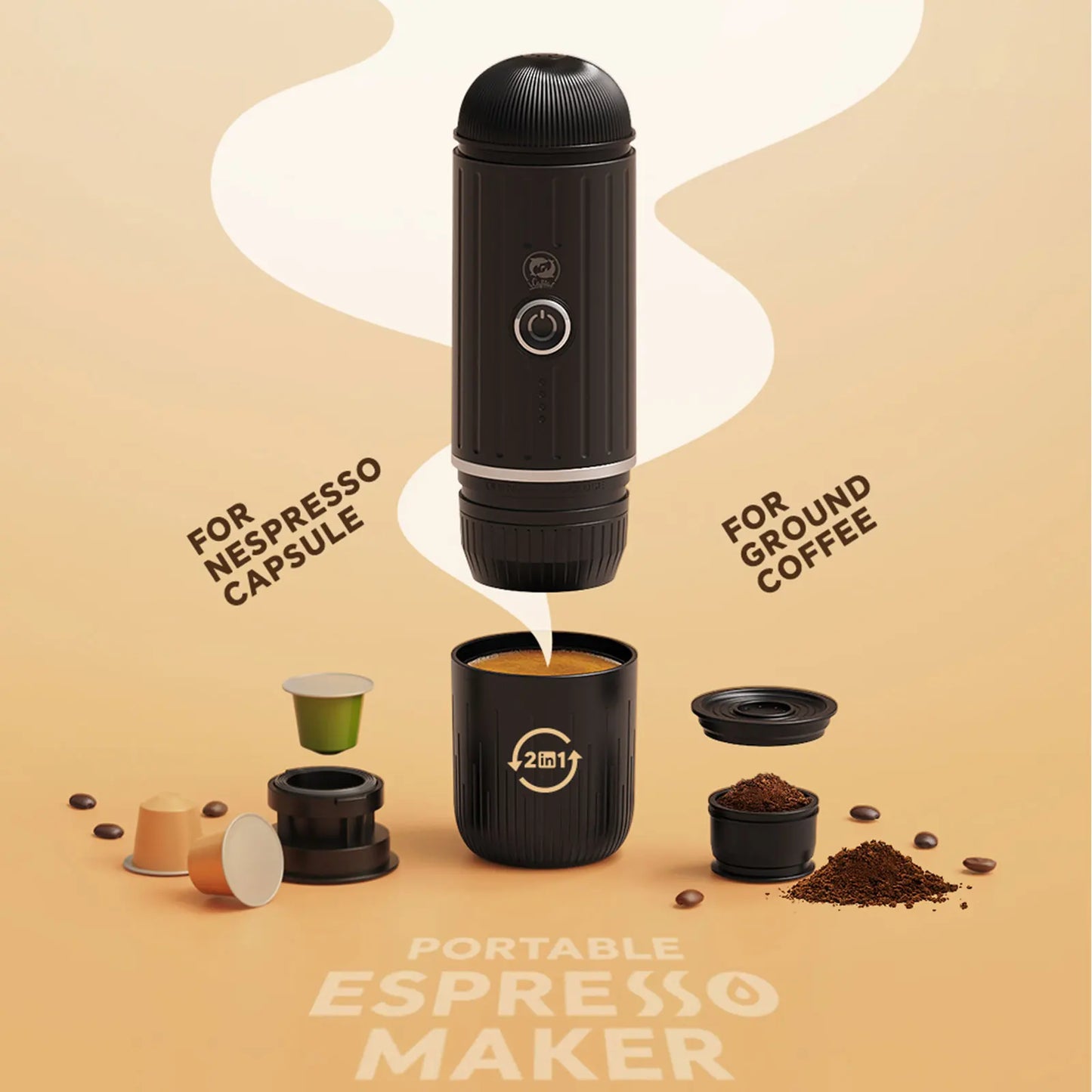 icafilas Portable Kaffeemaschine - Heizbar für Kapseln & Pulver, Travel Espresso Maker mit Tasche