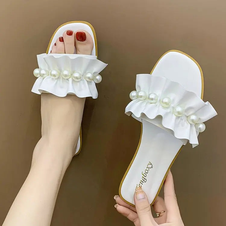 Women Slides Faux Pearl Decor Ruffle Trim Sandals Open Toe Wear-resistant Flat Slippers Summer Sandy Beach Sandals Women Shoes