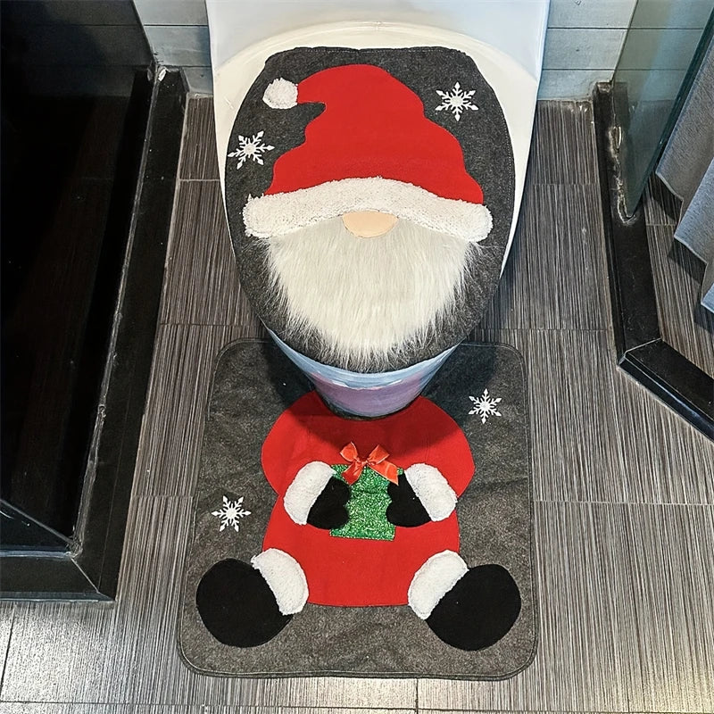 Funny Santa Toilet Seat Cover Set 2PC, Christmas Bathroom Decor With Soft Mat For Xmas Party Home Decoration Gift