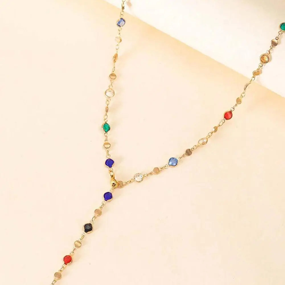 Bohemian Colorful Glass Long Y-Shaped Necklace Metal Collarbone Chain Gold Silver Color Summer Holiday Party Body Jewelry Gifts