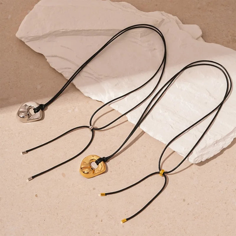 Gold Plated Geometric Circle Pendant Necklace for Women Girls Adjustable Long Leather Rope Chian Necklaces Sweater Chain Jewelry