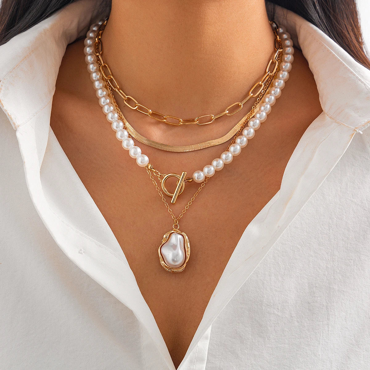 IngeSight.Z Fashion Exquisite Baroque Imitation Pearl Pendant Women's Necklace Multilayer Link Flat Snake Chain Choker Jewelry