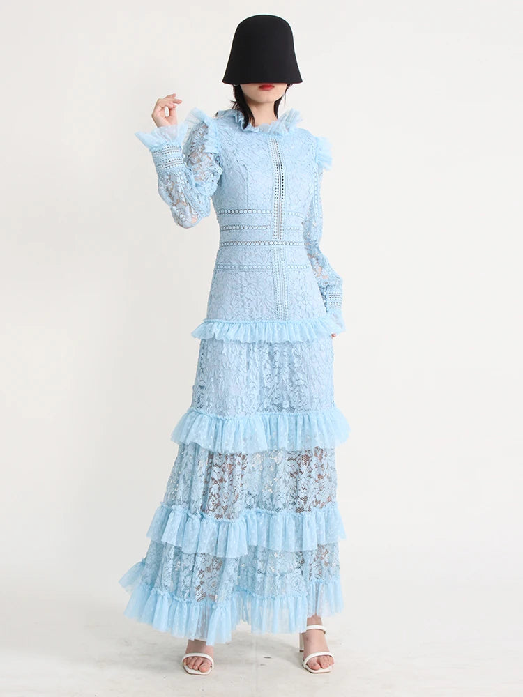 TWOTWINSTYLE Elegant Dresses For Women Stand Collar Long Sleeve High Waist Embroidery Slim Dress Female Fashion Clothing 2023