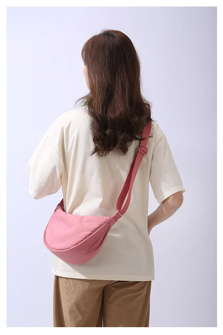 Solid Color Women's Portable Shoulder Bag Simple Female Nylon Cloth Padded Crossbody Bags Travel Purse Handbags Messenger Bag