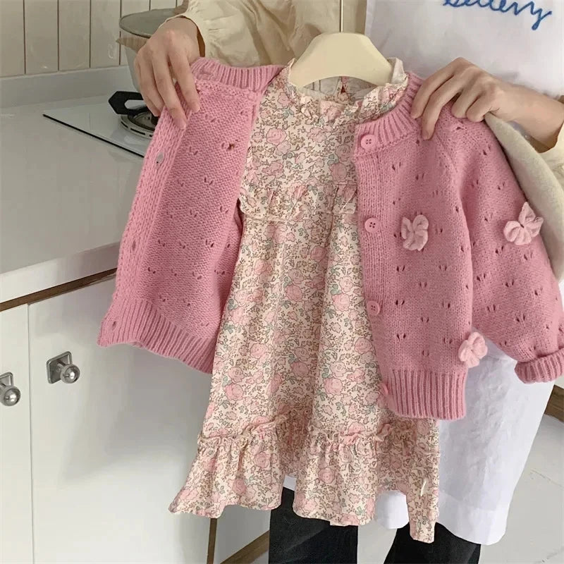 Girls Floral Set Infant Baby 2Pcs Autumn Outfit with Knit Cardigan Bow Sweater And Princess Dress Children Kids Sweet Style