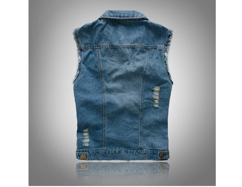 Men's Denim Vest Sleeveless Jackets Cotton Retro Streetwear Ripped Blue Jean Vests Fashion Hip Hop Waistcoat Men Clothing