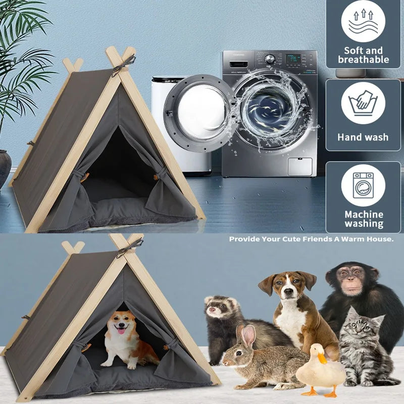 Pet Tent Nest Removable and Easy To Wash with Thick Soft and Comfortable Pad Warm Wooden Tent Bed Suitable for Cats and Dogs